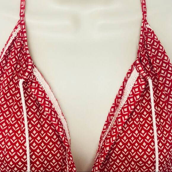 Joe Fresh Red White Tribal Print Boho Style Racerback Top Tassel Front TIe - Picture 12 of 16